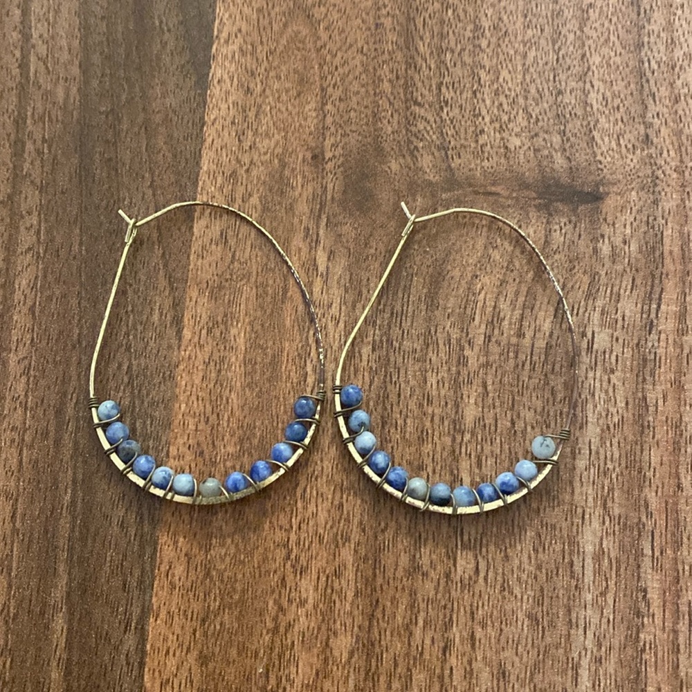 Blue and gold beaded hoop earrings